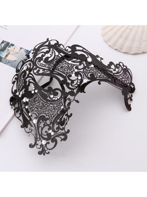 Black Ultra Thin Metal One Eye Hollow Out Rhinestone Masquerade Party Mask