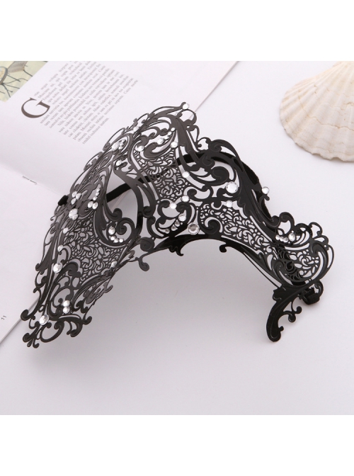 Black Ultra Thin Metal One Eye Hollow Out Rhinestone Masquerade Party Mask