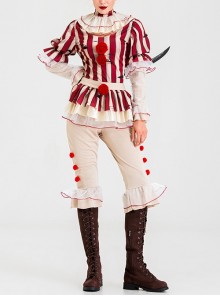 Elasticity Slim Red Lace Edge Vertical Stripes Long Sleeve Top Plush Ball Decoration Beige Pants Halloween Tour Circus Clown Suit Female