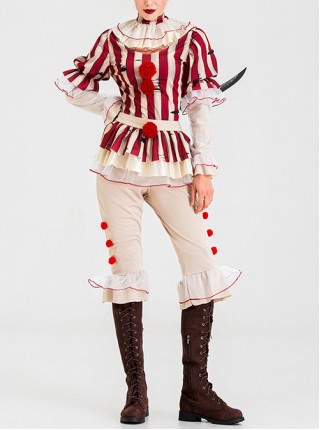 Elasticity Slim Red Lace Edge Vertical Stripes Long Sleeve Top Plush Ball Decoration Beige Pants Halloween Tour Circus Clown Suit Female