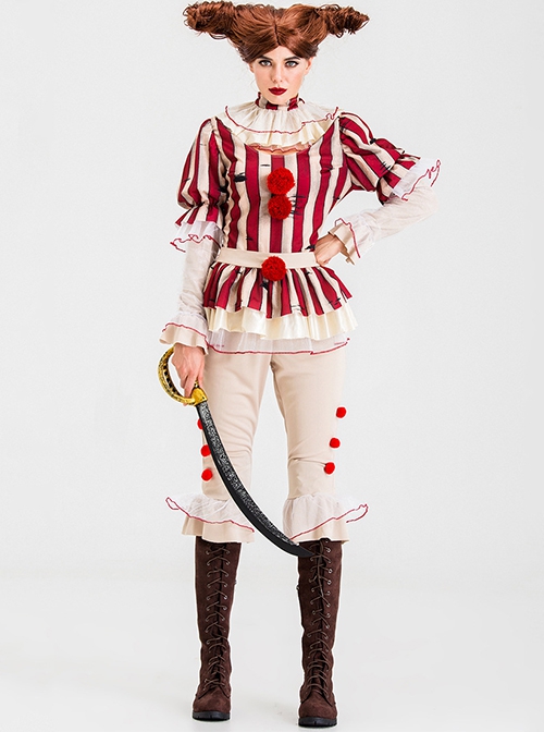 Elasticity Slim Red Lace Edge Vertical Stripes Long Sleeve Top Plush Ball Decoration Beige Pants Halloween Tour Circus Clown Suit Female