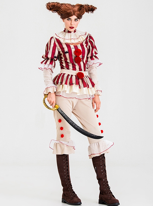 Elasticity Slim Red Lace Edge Vertical Stripes Long Sleeve Top Plush Ball Decoration Beige Pants Halloween Tour Circus Clown Suit Female