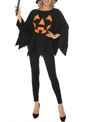 Simple Daily Black Pumpkin Print Bat Sleeve Top Pointed Hat Slim Pants Halloween Demon Angel Witch Suit