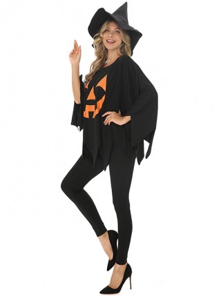 Simple Daily Black Pumpkin Print Bat Sleeve Top Pointed Hat Slim Pants Halloween Demon Angel Witch Suit