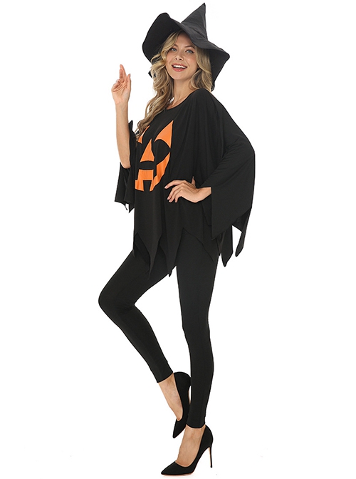Simple Daily Black Pumpkin Print Bat Sleeve Top Pointed Hat Slim Pants Halloween Demon Angel Witch Suit