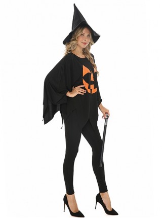 Simple Daily Black Pumpkin Print Bat Sleeve Top Pointed Hat Slim Pants Halloween Demon Angel Witch Suit