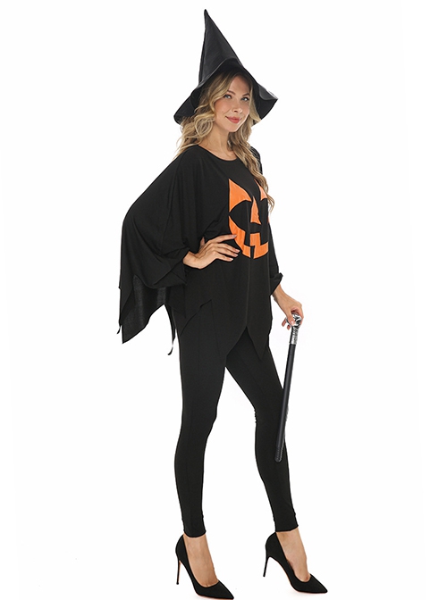 Simple Daily Black Pumpkin Print Bat Sleeve Top Pointed Hat Slim Pants Halloween Demon Angel Witch Suit