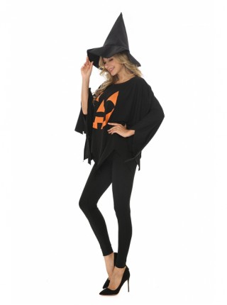 Simple Daily Black Pumpkin Print Bat Sleeve Top Pointed Hat Slim Pants Halloween Demon Angel Witch Suit