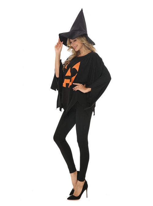 Simple Daily Black Pumpkin Print Bat Sleeve Top Pointed Hat Slim Pants Halloween Demon Angel Witch Suit