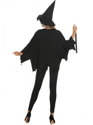 Simple Daily Black Pumpkin Print Bat Sleeve Top Pointed Hat Slim Pants Halloween Demon Angel Witch Suit