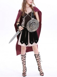 Red Sanding Leather Cloak Black Single Layer Deerskin Dress ​Halloween Pirate Warrior Middle Ages Female Knight Suit