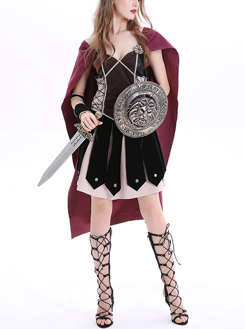 Red Sanding Leather Cloak Black Single Layer Deerskin Dress ​Halloween Pirate Warrior Middle Ages Female Knight Suit