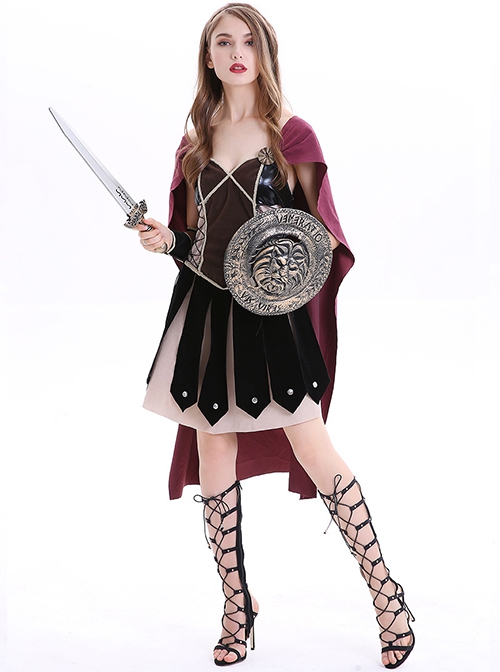 Red Sanding Leather Cloak Black Single Layer Deerskin Dress ​Halloween Pirate Warrior Middle Ages Female Knight Suit