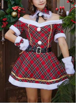 Lovely Bow Neck Ornament Off-Shoulder Boat Collar Red Plaid Short Sleeve Christmas Short Dress Set