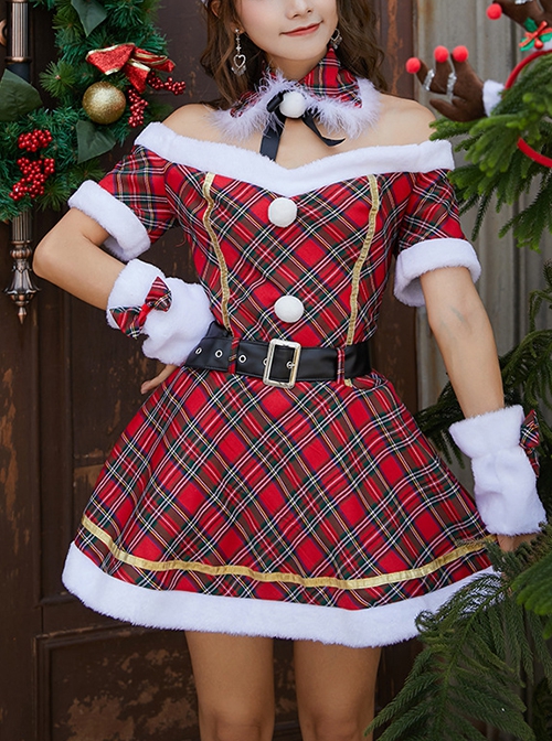 Lovely Bow Neck Ornament Off-Shoulder Boat Collar Red Plaid Short Sleeve Christmas Short Dress Set