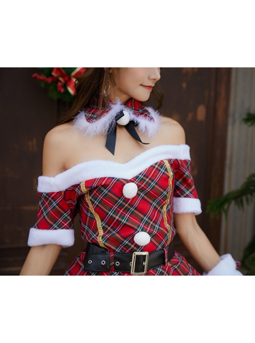 Lovely Bow Neck Ornament Off-Shoulder Boat Collar Red Plaid Short Sleeve Christmas Short Dress Set