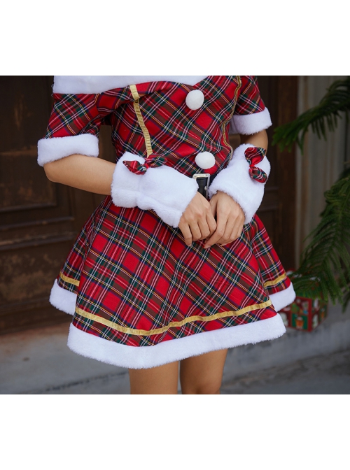 Lovely Bow Neck Ornament Off-Shoulder Boat Collar Red Plaid Short Sleeve Christmas Short Dress Set