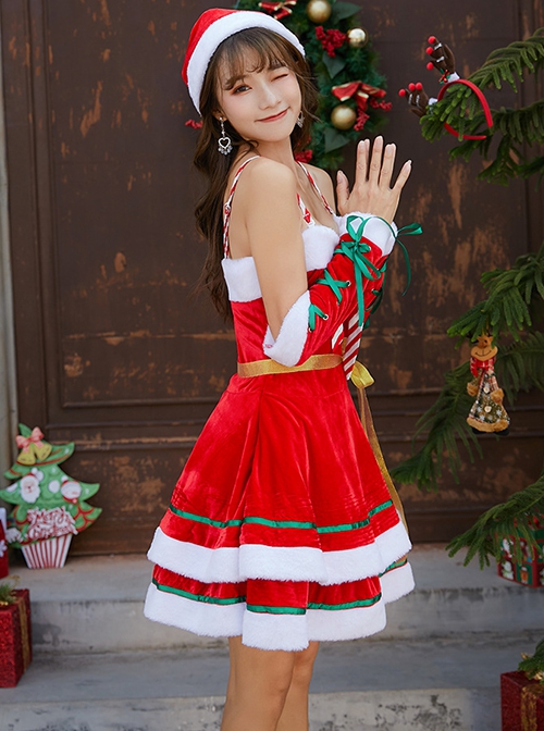 Sweet Lovely Girlish Yellow Ribbon Red Sling Fluffy Cake Dress Christmas Costume Female