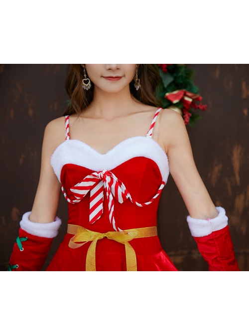 Sweet Lovely Girlish Yellow Ribbon Red Sling Fluffy Cake Dress Christmas Costume Female