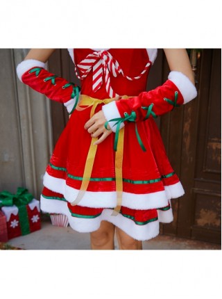 Sweet Lovely Girlish Yellow Ribbon Red Sling Fluffy Cake Dress Christmas Costume Female