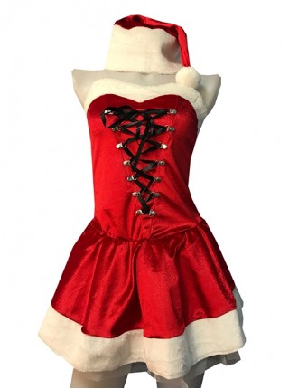 White Mesh Hem Red Super Short Sexy Tube Top Drawstring Dress With Foot Covers Christmas Set