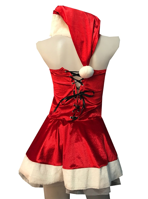 White Mesh Hem Red Super Short Sexy Tube Top Drawstring Dress With Foot Covers Christmas Set