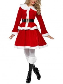 Cotton Blend Red Long Sleeve Waist Top Short Skirt Set Christmas Costume Female