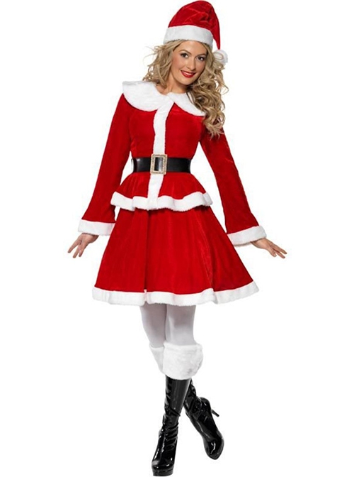 Cotton Blend Red Long Sleeve Waist Top Short Skirt Set Christmas Costume Female