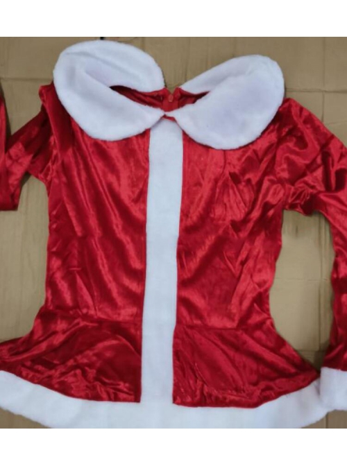Cotton Blend Red Long Sleeve Waist Top Short Skirt Set Christmas Costume Female