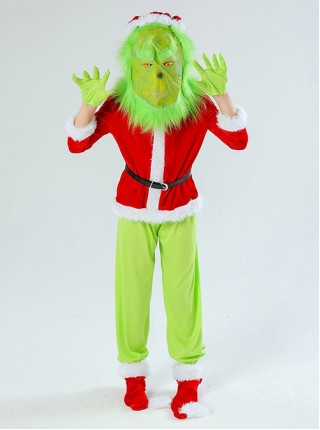 The Grinch Green Mask Red Long Sleeve Top Green Gloves Pants Set Christmas Party Kids Costume