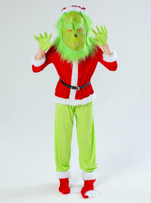 The Grinch Green Mask Red Long Sleeve Top Green Gloves Pants Set Christmas Party Kids Costume