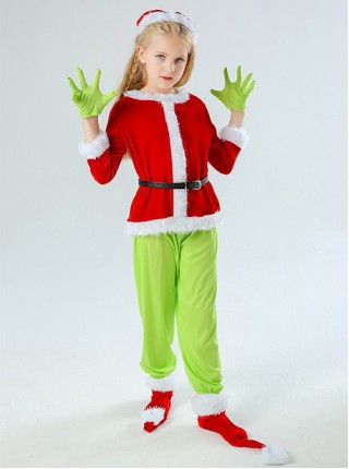 The Grinch Green Mask Red Long Sleeve Top Green Gloves Pants Set Christmas Party Kids Costume