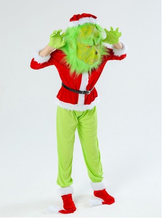 The Grinch Green Mask Red Long Sleeve Top Green Gloves Pants Set Christmas Party Kids Costume