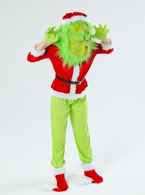 The Grinch Green Mask Red Long Sleeve Top Green Gloves Pants Set Christmas Party Kids Costume