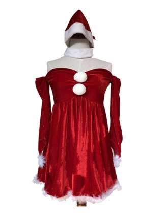 White Neck Ornament Red Tube Top Large Hem Short Dress Party Christmas Backless Costume Female