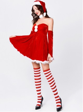 White Neck Ornament Red Tube Top Large Hem Short Dress Party Christmas Backless Costume Female