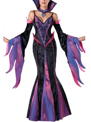 Black-purple Long Sleeve Sling Slim Long Dress Set Halloween Demon Vampire Witch Queen Vicious Stepmother Costume Female