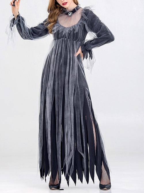 Black Grey Straight Type Loose Long Sleeve Dress Halloween Party Vampire Demon Zombie Ghost Bride Costume Female