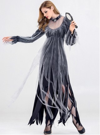 Black Grey Straight Type Loose Long Sleeve Dress Halloween Party Vampire Demon Zombie Ghost Bride Costume Female