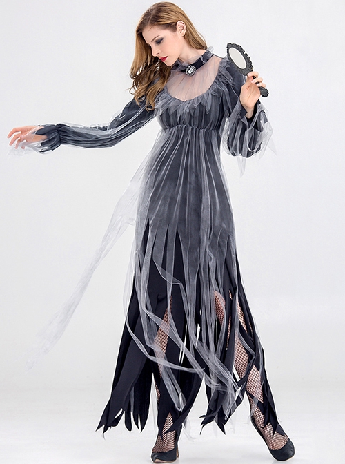 Black Grey Straight Type Loose Long Sleeve Dress Halloween Party Vampire Demon Zombie Ghost Bride Costume Female