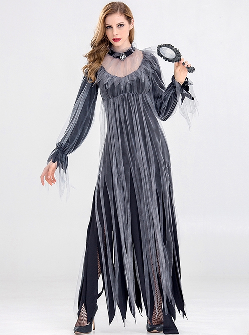 Black Grey Straight Type Loose Long Sleeve Dress Halloween Party Vampire Demon Zombie Ghost Bride Costume Female