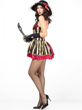 Black Elegant Top Hat Red Bronzing Tube Top Slim Short Dress Halloween Witch Pirate Warrior Costume Female