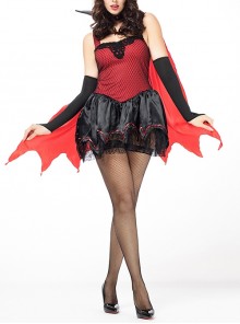Red Demon Cloak Black Sleeveless Lace Hem Short Dress Halloween Party Witch Vampire Earl Costume Female