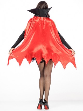 Red Demon Cloak Black Sleeveless Lace Hem Short Dress Halloween Party Witch Vampire Earl Costume Female