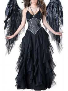 Black Wings Angel Halo Sexy Sling Long Dress Set Halloween Dark Night Demon Angel Costume Female