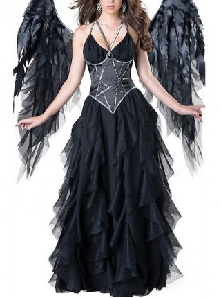 Black Wings Angel Halo Sexy Sling Long Dress Set Halloween Dark Night Demon Angel Costume Female