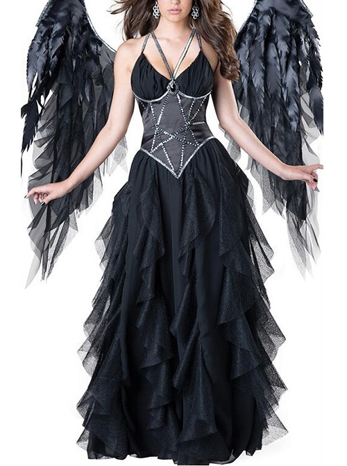 Black Wings Angel Halo Sexy Sling Long Dress Set Halloween Dark Night Demon Angel Costume Female