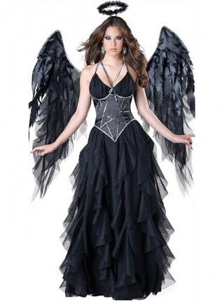 Black Wings Angel Halo Sexy Sling Long Dress Set Halloween Dark Night Demon Angel Costume Female