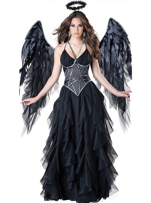 Black Wings Angel Halo Sexy Sling Long Dress Set Halloween Dark Night Demon Angel Costume Female