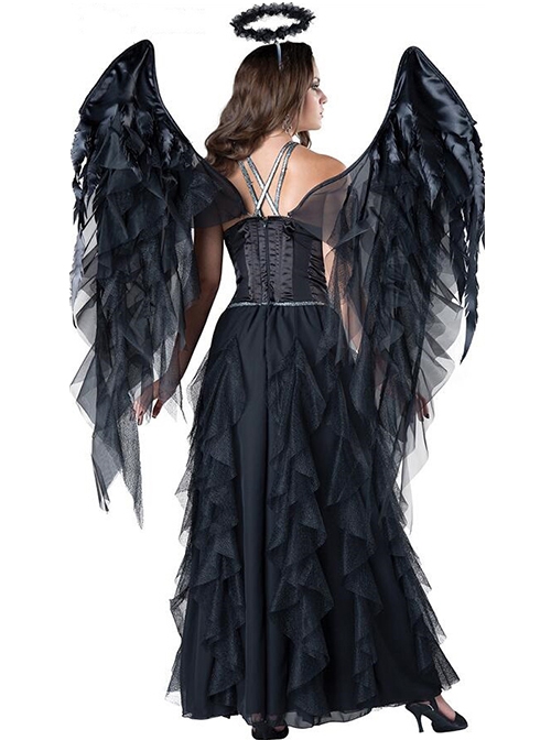 Black Wings Angel Halo Sexy Sling Long Dress Set Halloween Dark Night Demon Angel Costume Female